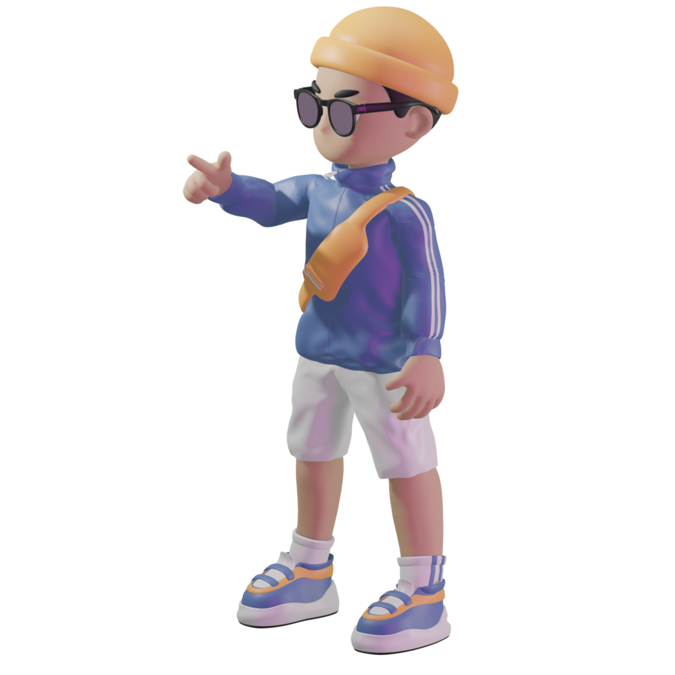 3d character with a blue jacket and sunglasses png