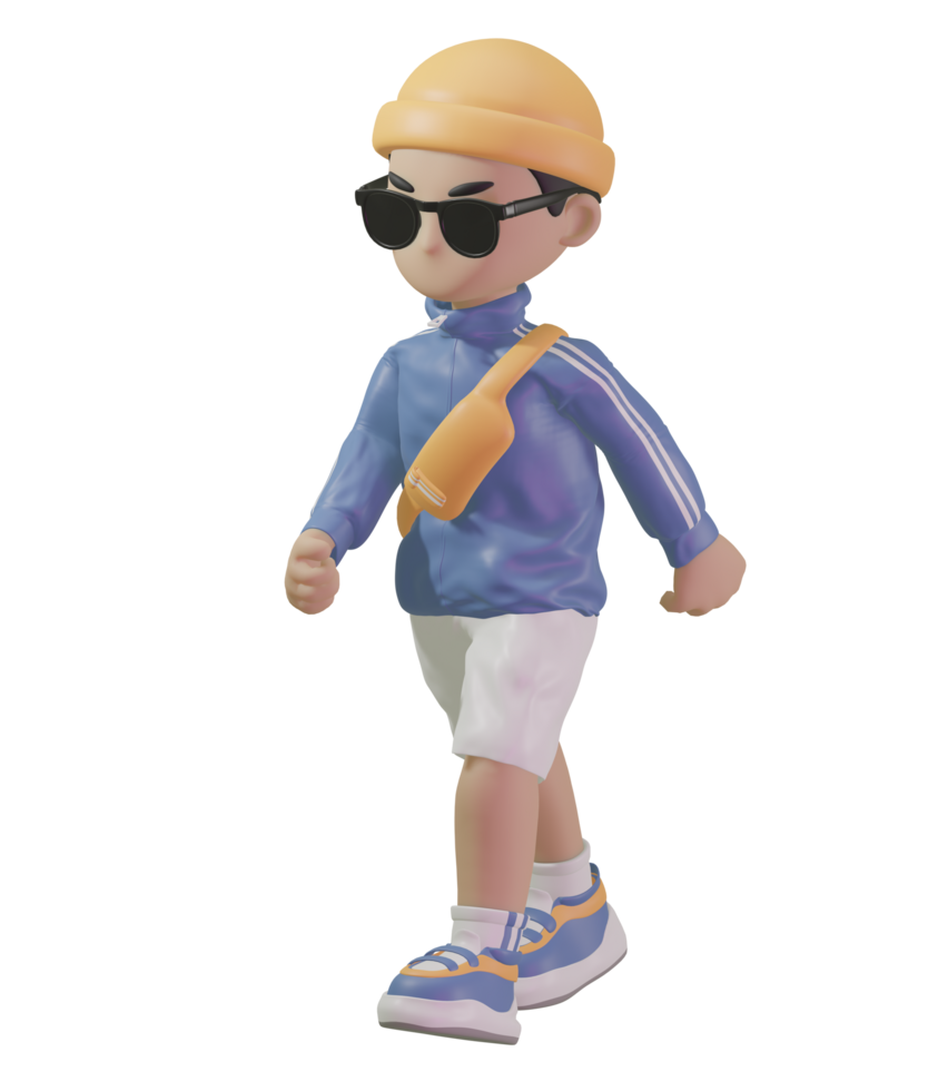 3d character with a blue jacket and sunglasses png