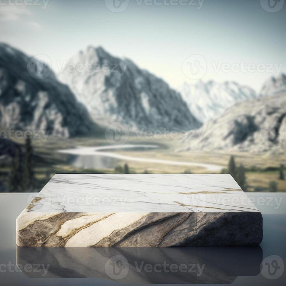 marble stone podium in the desert with mountains in the background, photo