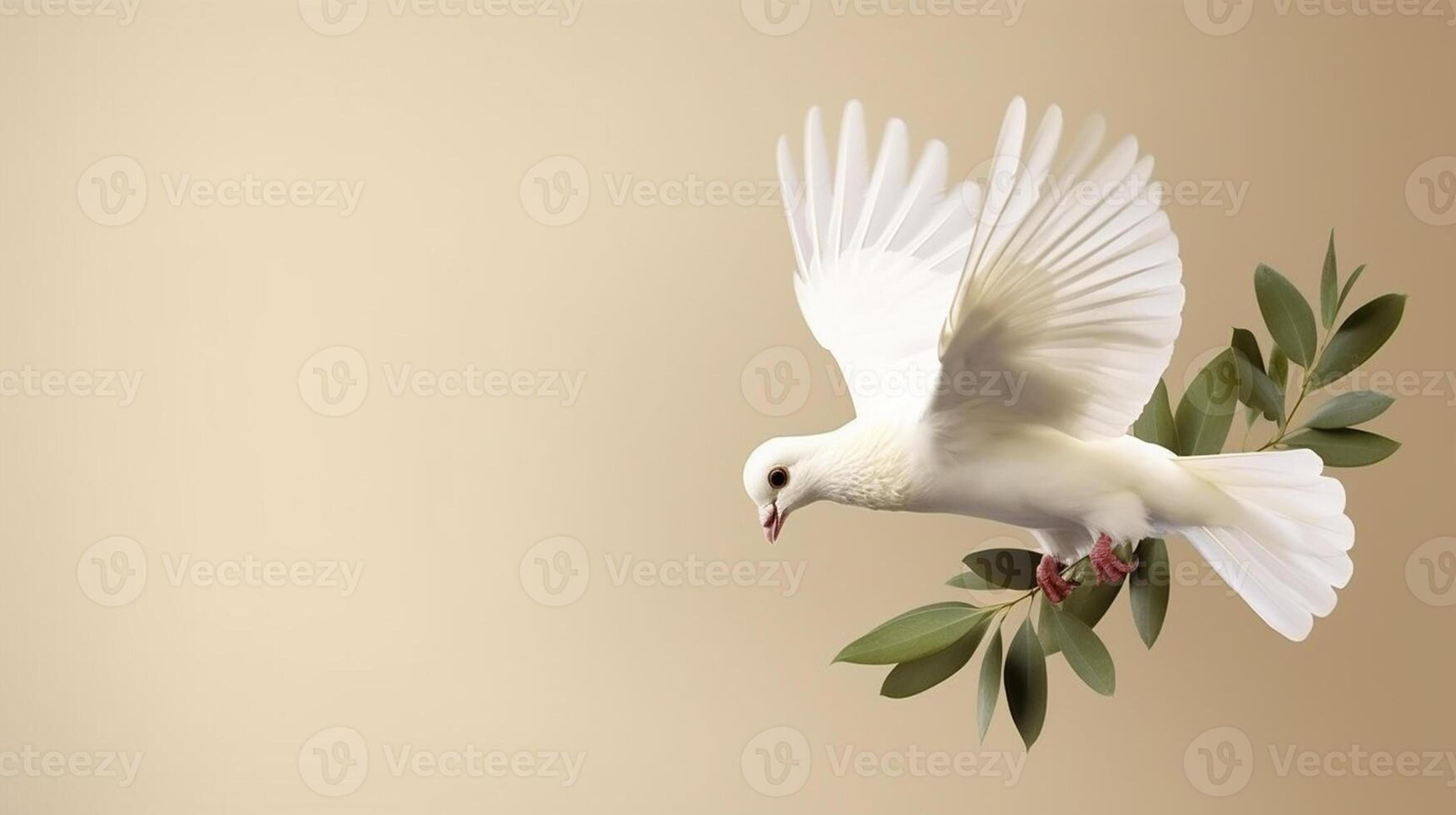 blanco Paloma con aceituna rama en beige antecedentes. internacional paz día concepto, ai generativo foto