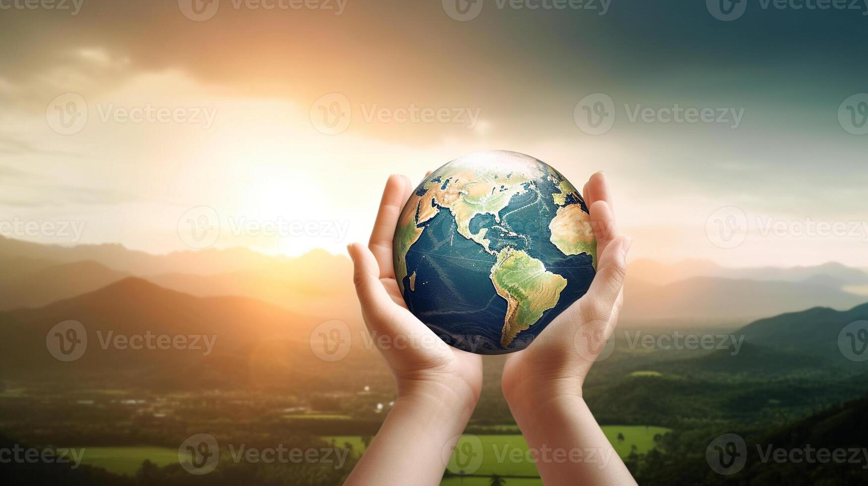 Close up of human hands holding Earth planet. Earth day and peace day concept, photo