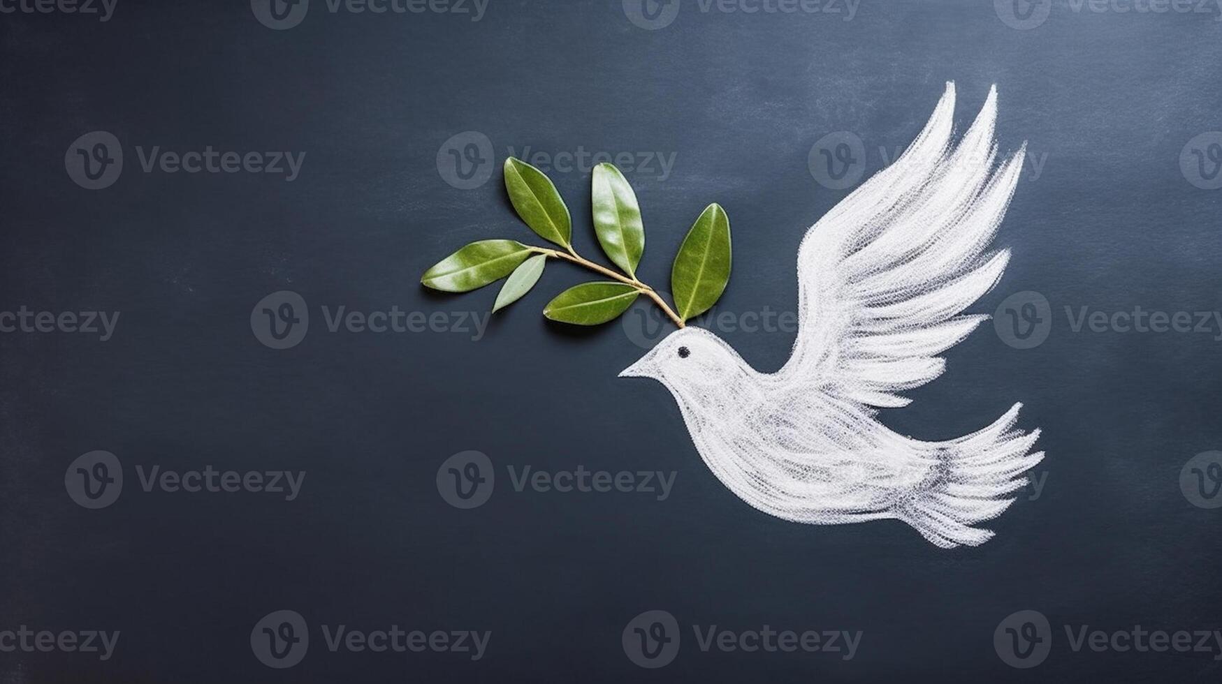 White dove with olive branch on a dark background. International Peace Day Concept, photo