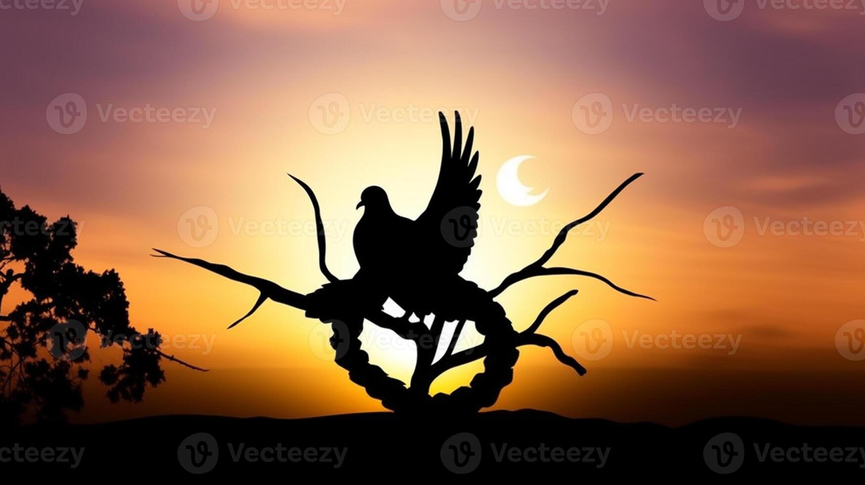 Silhouette of a dove on a background of the sun. International Peace Day Concept, photo