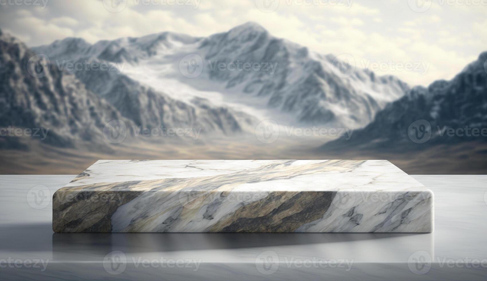 marble stone podium in the desert with mountains in the background, photo