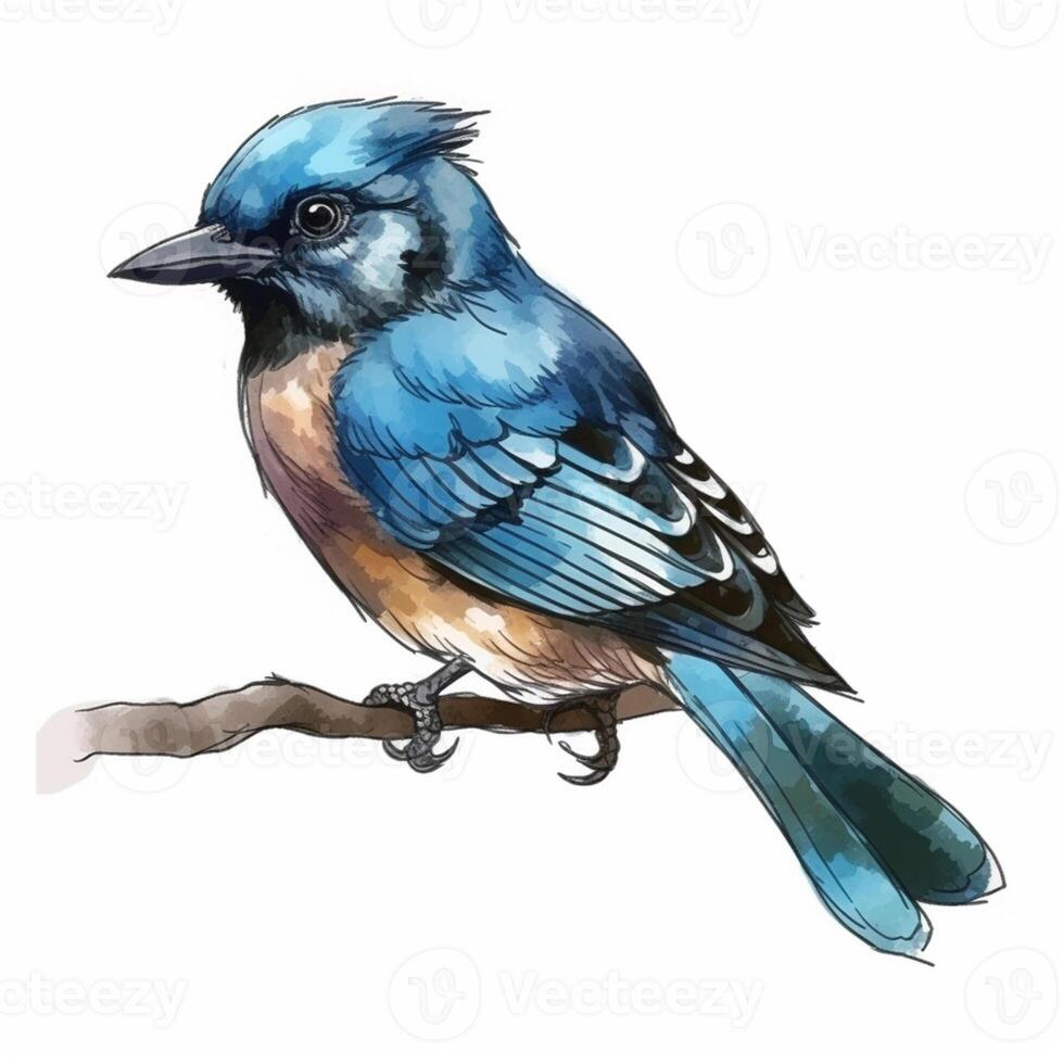 Blue jay bird isolated on white background. Hand drawn watercolor clipart, photo