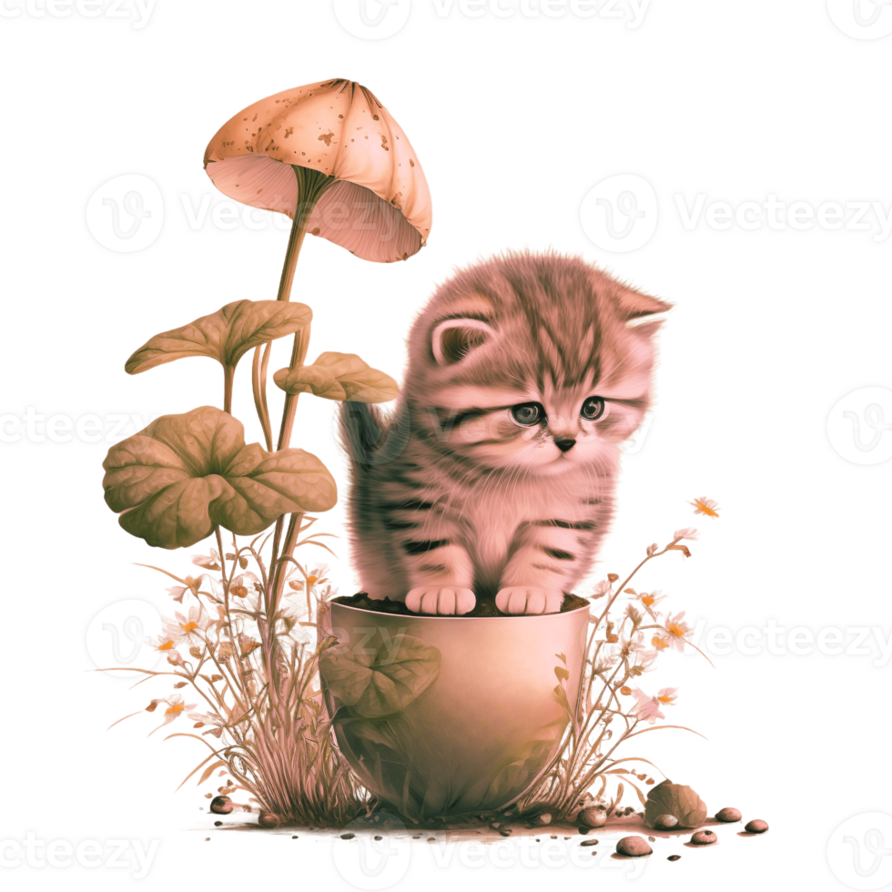 illustrazione di gatto con fungo pianta, carino, kawaii, adorabile, ai generativo png