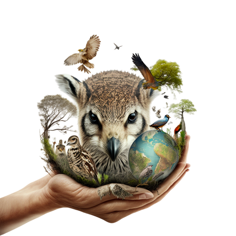 Erde Tag oder Welt Tierwelt Tag Konzept. speichern unser Planet, schützen Grün Natur und gefährdet Spezies, biologisch Vielfalt Thema. Gruppe von wild Tiere und Herde von Schmetterlinge. generativ ai png