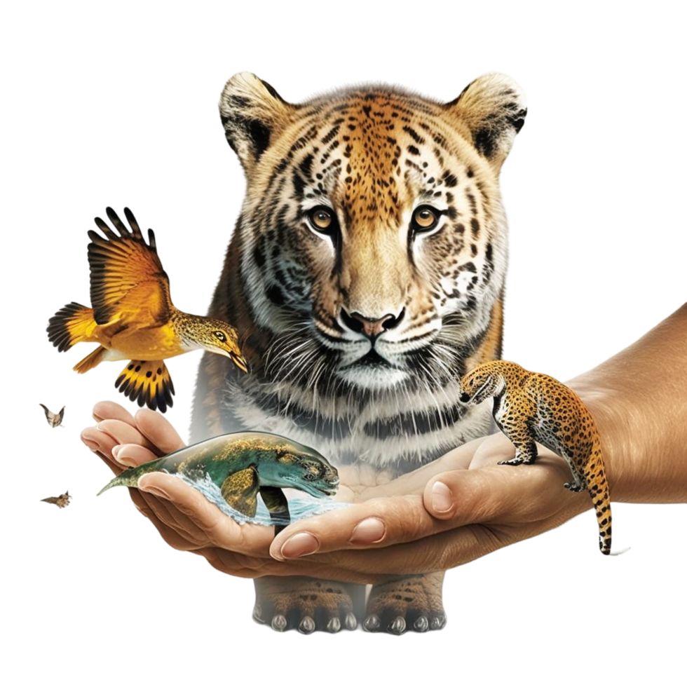 Earth Day or World Wildlife Day concept Save our planet, protect green nature and endangered species, biological diversity theme Group of wild animals and flock of butterflies. png