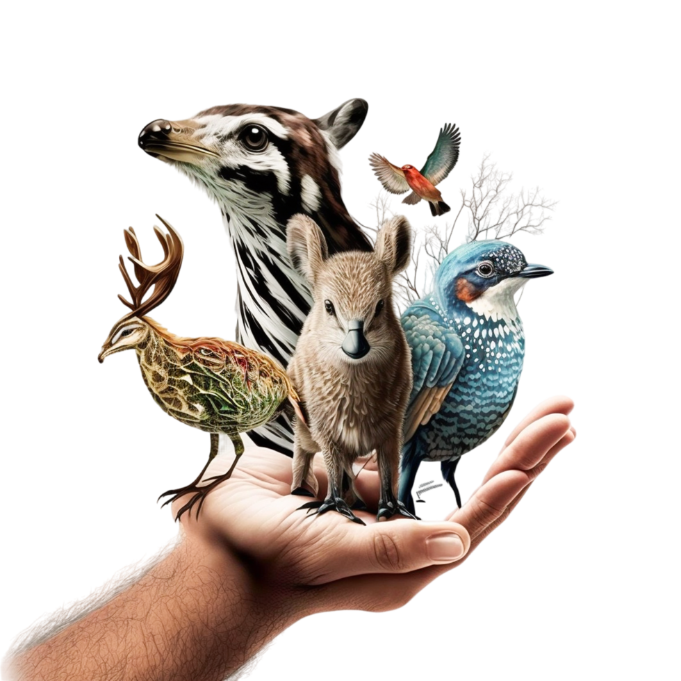 Earth Day or World Wildlife Day concept Save our planet, protect green nature and endangered species, biological diversity theme. Group of wild animals and flock of butterflies. png