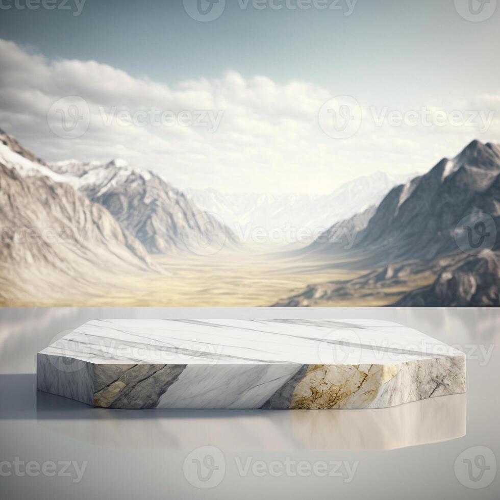 marble stone podium in the desert with mountains in the background, photo