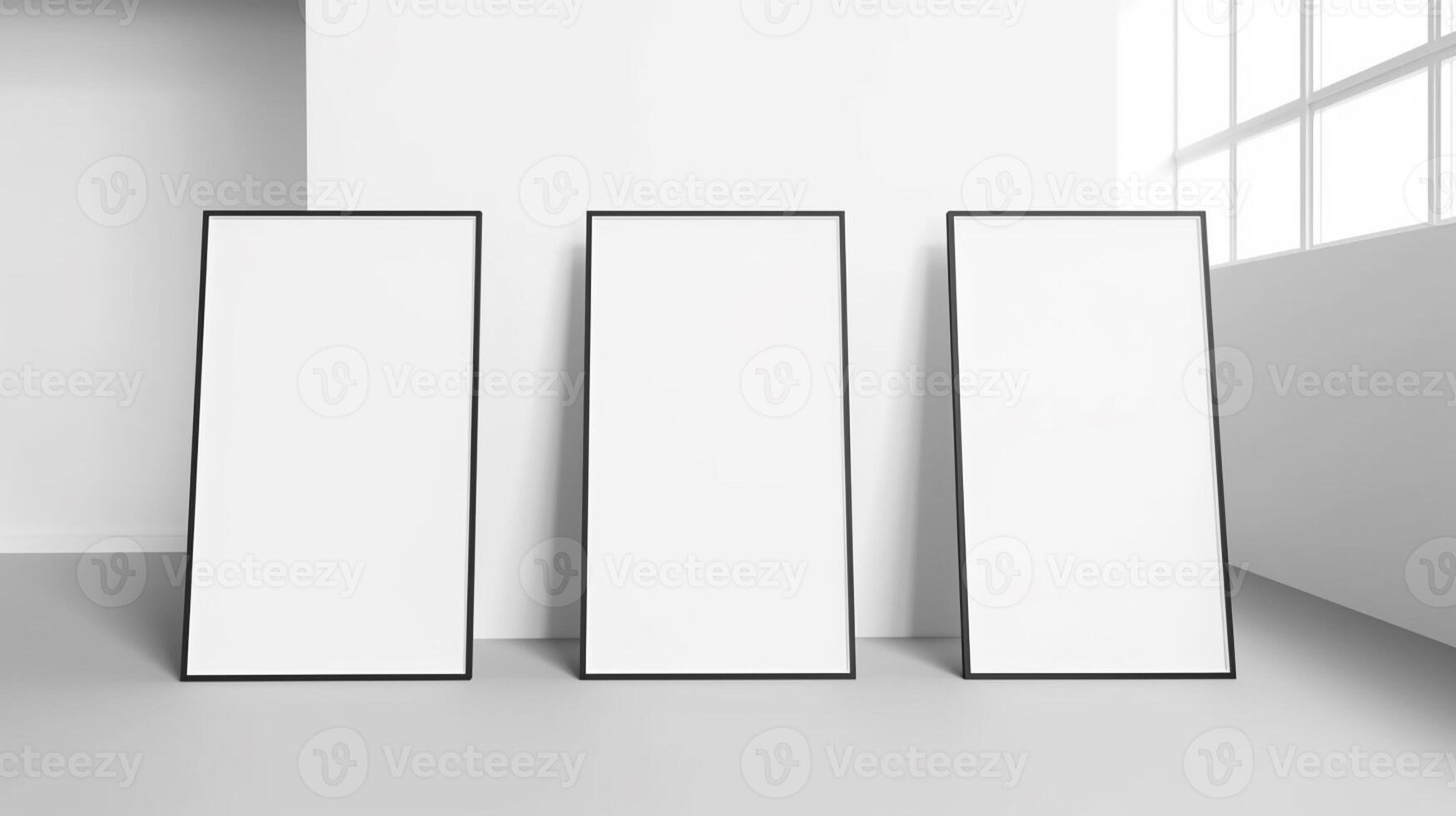 Blank white posters on white wall. Mock up, photo