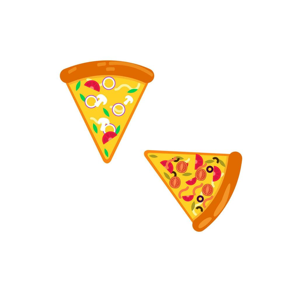 Pizza slice icon vector. Pizza slice with melted cheese. Slice of pepperoni pizza. Vector clip art illustration with simple gradients. Cartoon sticker in comic style with contour.