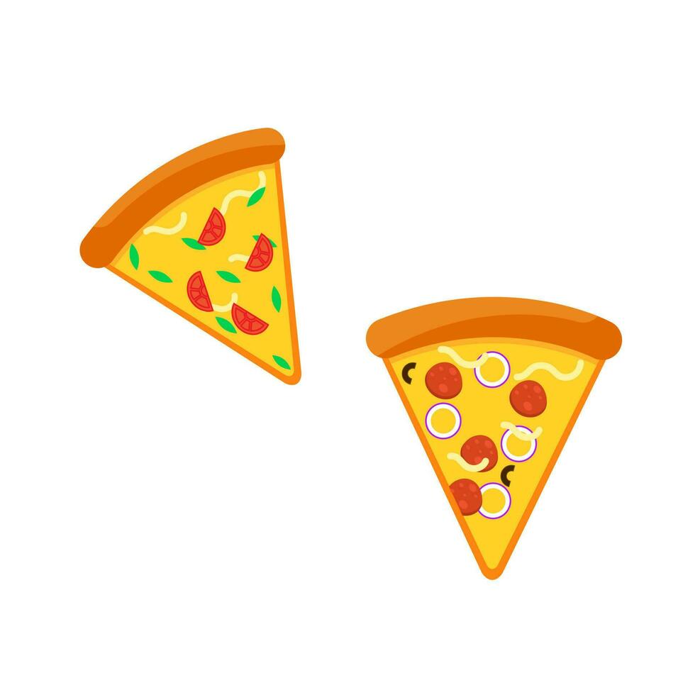 Pizza slice icon vector. Pizza slice with melted cheese. Slice of pepperoni pizza. Vector clip art illustration with simple gradients. Cartoon sticker in comic style with contour.