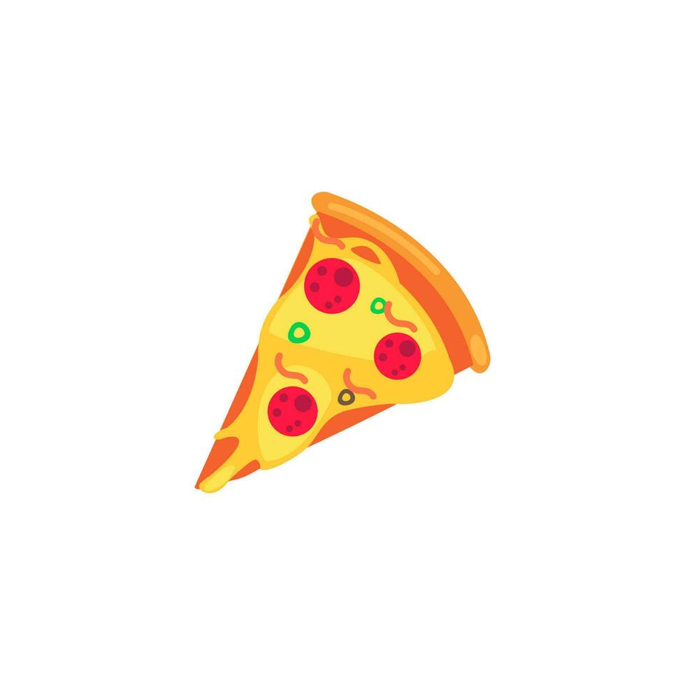 Pizza slice icon vector. Pizza slice with melted cheese. Slice of pepperoni pizza. Vector clip art illustration with simple gradients. Cartoon sticker in comic style with contour.