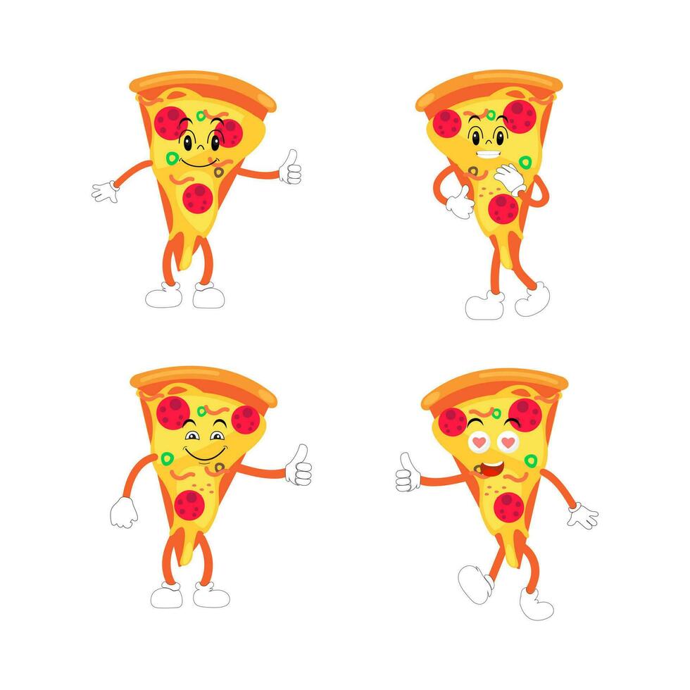 Pizza dibujos animados personaje, moderno vector modelo conjunto de mascota ilustraciones. comida objeto icono concepto aislado prima vector.