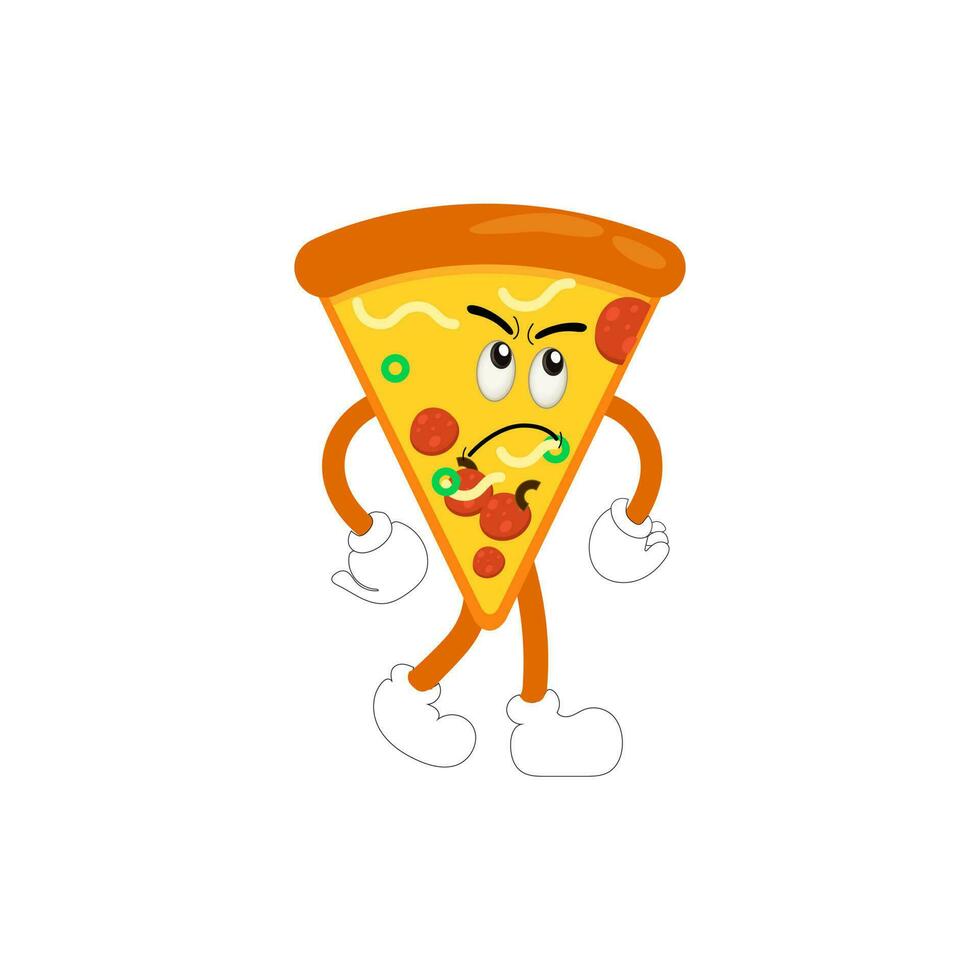 Funny happy pizza show peace gesture logo. Vector doodle line cartoon kawaii character illustration icon. Pizza quote logo concept. Fast food Vector cartoon illustration, Comic characters