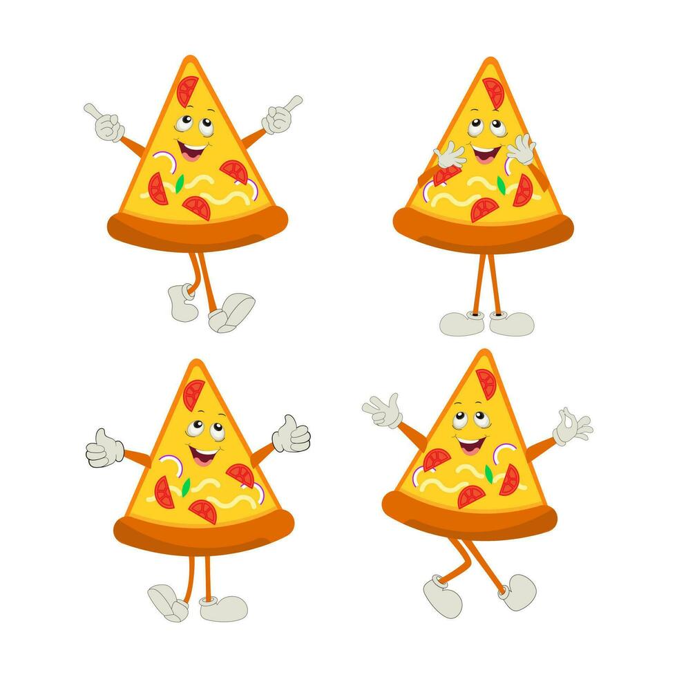 Pizza dibujos animados personaje, moderno vector modelo conjunto de mascota ilustraciones. comida objeto icono concepto aislado prima vector.