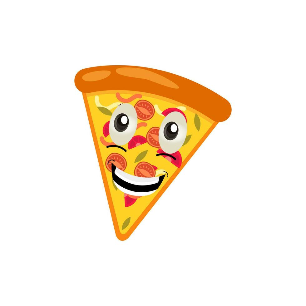 Funny happy pizza show peace gesture logo. Vector doodle line cartoon kawaii character illustration icon. Pizza quote logo concept. Fast food Vector cartoon illustration, Comic characters