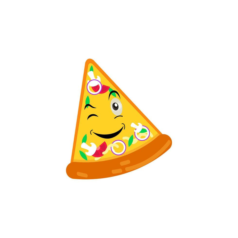 Funny happy pizza show peace gesture logo. Vector doodle line cartoon kawaii character illustration icon. Pizza quote logo concept. Fast food Vector cartoon illustration, Comic characters
