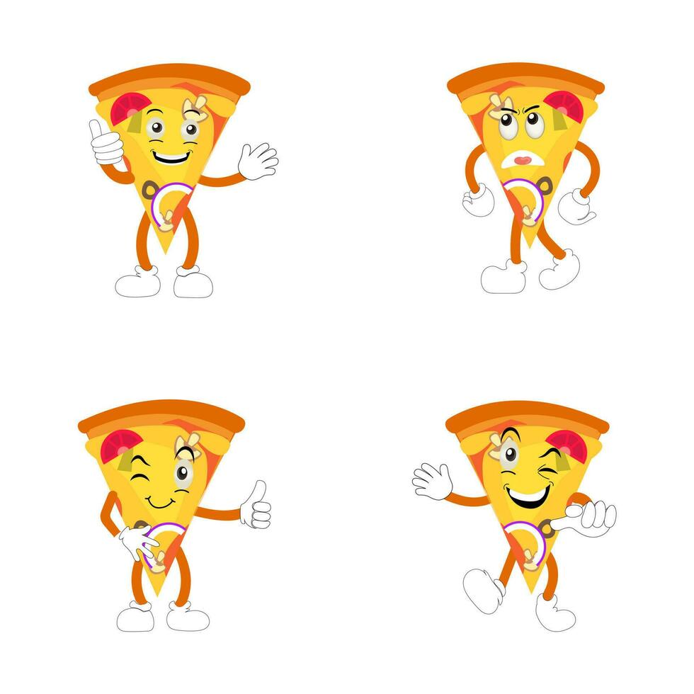 Funny happy pizza show peace gesture logo. Vector doodle line cartoon kawaii character illustration icon. Pizza quote logo concept. Fast food Vector cartoon illustration, Comic characters