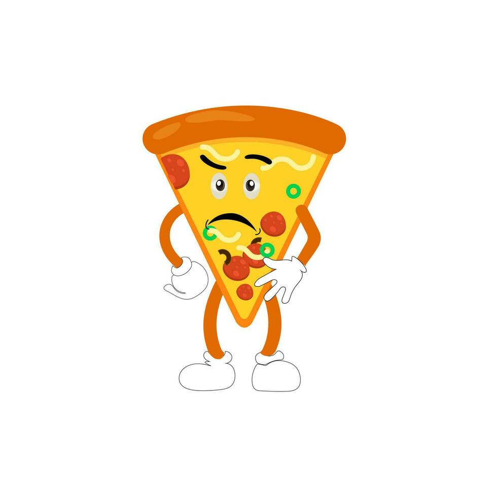 Funny happy pizza show peace gesture logo. Vector doodle line cartoon kawaii character illustration icon. Pizza quote logo concept. Fast food Vector cartoon illustration, Comic characters