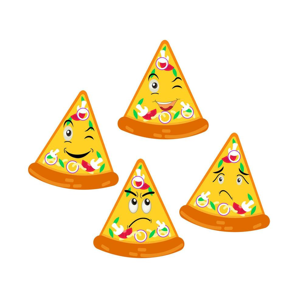 Funny happy pizza show peace gesture logo. Vector doodle line cartoon kawaii character illustration icon. Pizza quote logo concept. Fast food Vector cartoon illustration, Comic characters