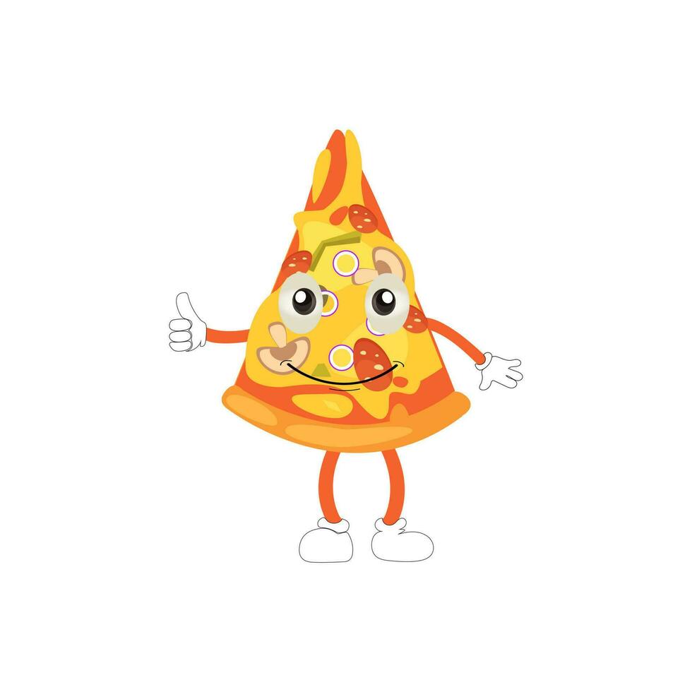 gracioso contento Pizza espectáculo paz gesto logo. vector garabatear línea dibujos animados kawaii personaje ilustración icono. Pizza citar logo concepto. rápido comida vector dibujos animados ilustración, cómic caracteres