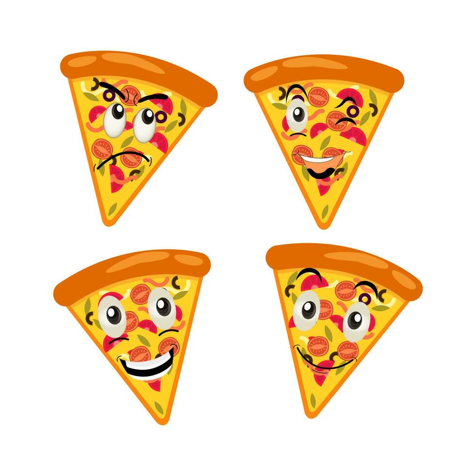 Funny happy pizza show peace gesture logo. Vector doodle line cartoon kawaii character illustration icon. Pizza quote logo concept. Fast food Vector cartoon illustration, Comic characters