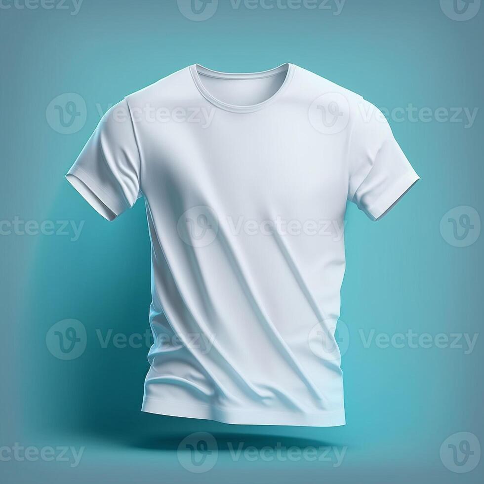 White t-shirt mockup on blue background, photo