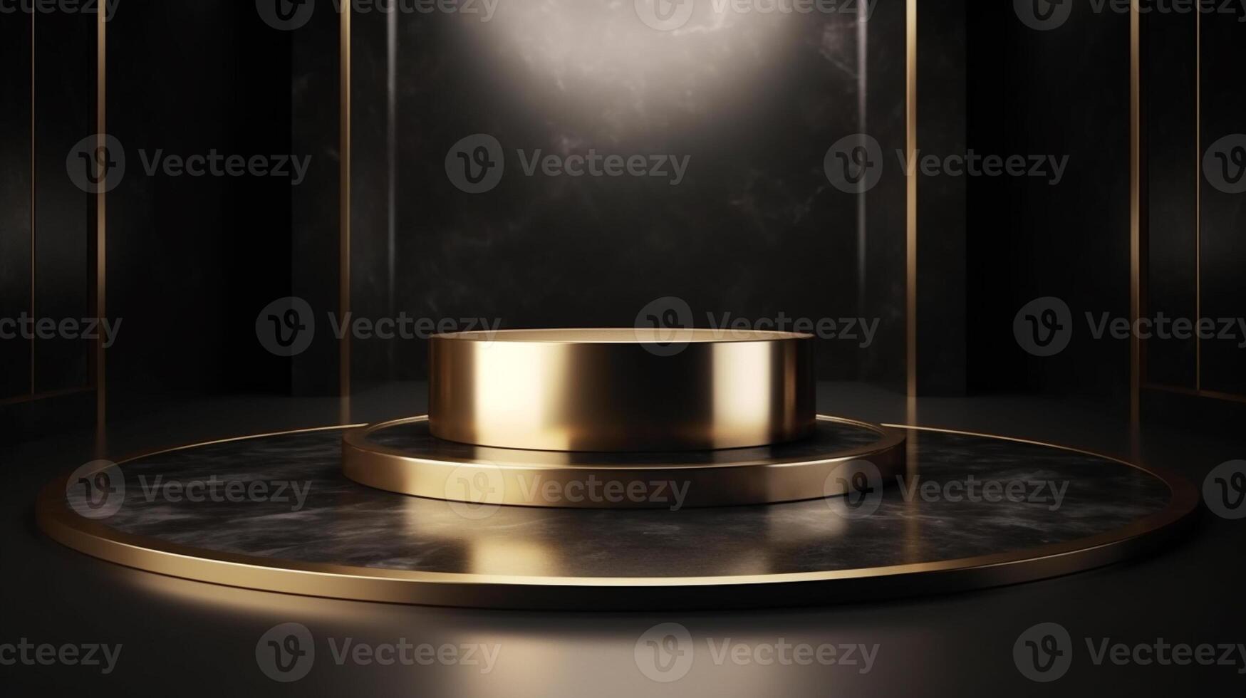 Black product podium with gold elements on a black background, photo