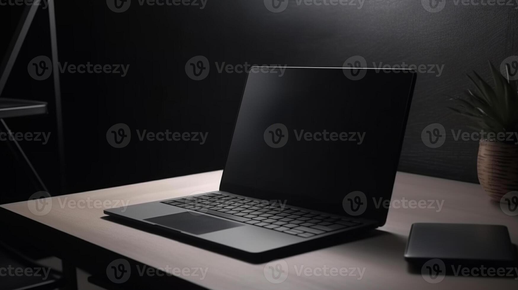 Black Laptop on desk in office, Black Screen Laptop mockup, photo