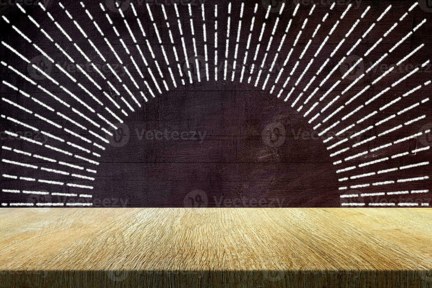 Wood Table with Sunburst in Chalk Drawing Style on Grunge Chalkboard Background, Suitable for Product Presentation Backdrop, Display, and Mock up in Wine Concept. photo