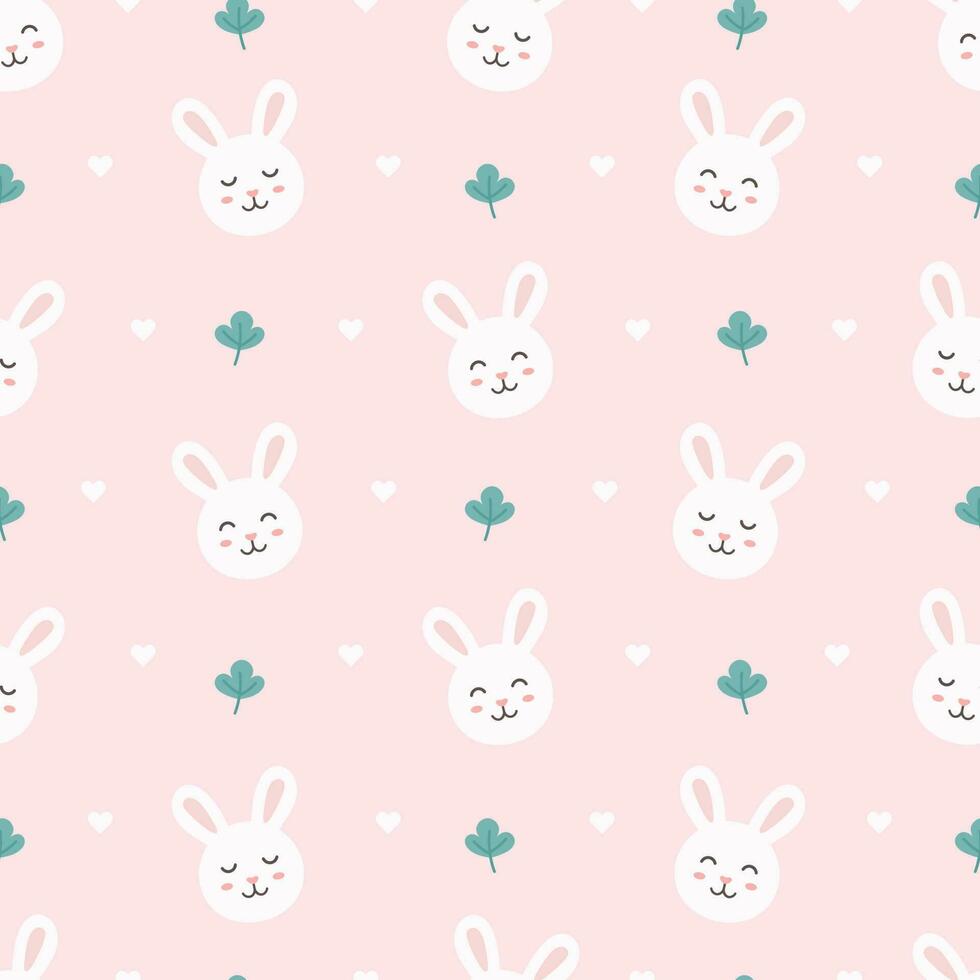 Cute rabbit with clover, seamless pattern. Pink background. Pastel concept. Cute cartoon. Kawaii character vector
