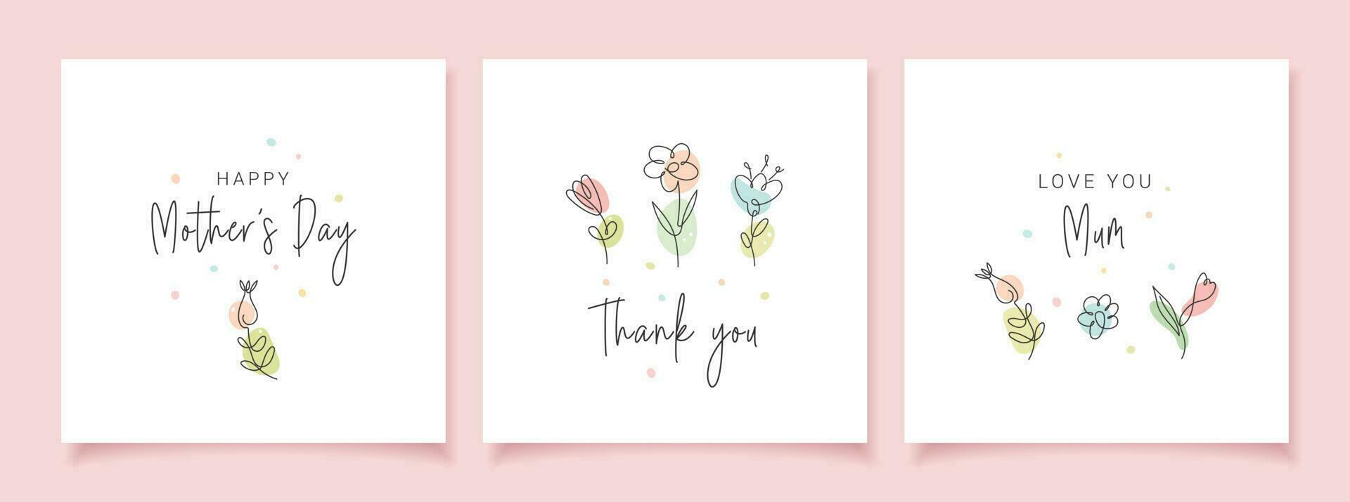 Happy Mother's Day. Set of greeting cards with colorful cute flowers on white background. Line art. Continuous line minimalist style illustration. vector