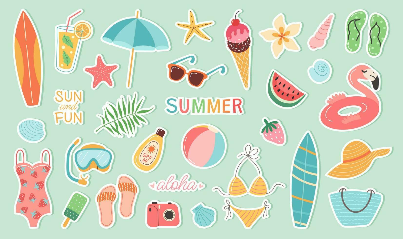 Set of summer stickers. Icons for tropical vacation. Seasonal elements collection. Flamingos, ice cream, pineapple, tropic leaves, cocktails, plumeria, watermelon, beach accessories. vector