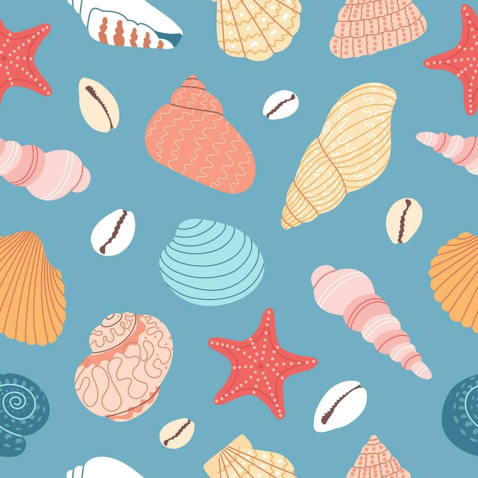 Seamless vector hand draw pattern with colorful seashells and starfishes. Various seashells on a tropical beach. Summer marine animal background design. Vacation travel concept. Cartoon illustration.