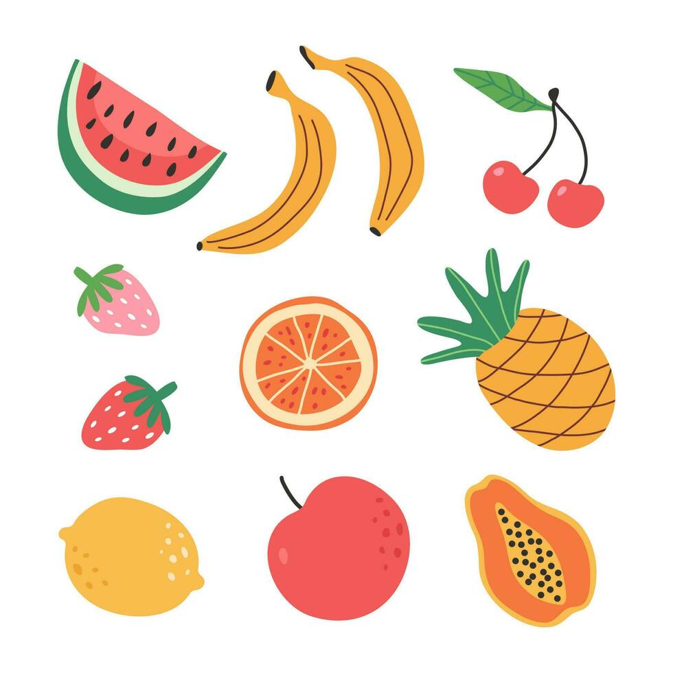 Set hand drawn summer fruits. Natural tropical fruits and berry. Pineapple, watermelon, banana, strawberry, apple, cherry, papaya. Sweet, organic, vegan food illustration. vector