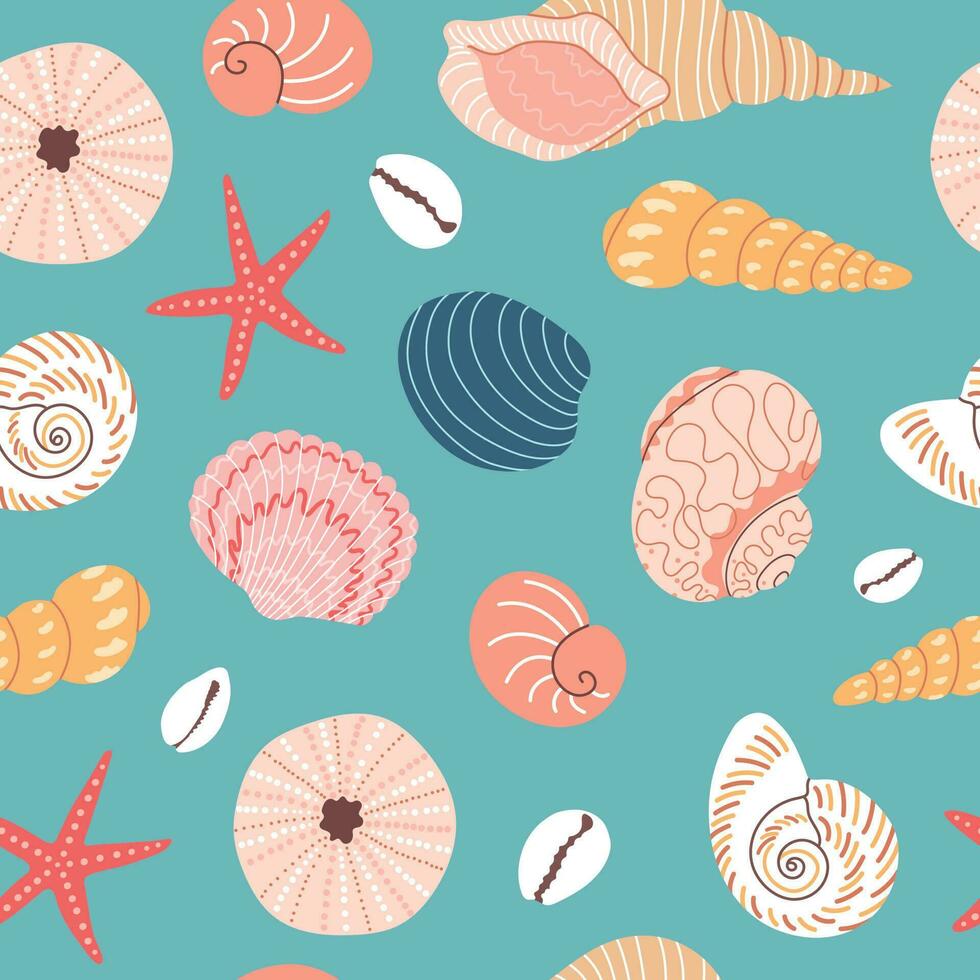 Seamless vector hand draw pattern with colorful seashells and starfishes. Various seashells on a tropical beach. Summer marine animal background design. Vacation travel concept. Cartoon illustration.