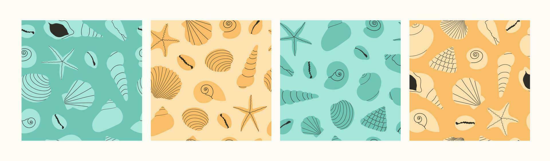 Set of seamless vector pattern with seashells and starfishes. Hand draw various seashells on a tropical beach. Monochrome pattern. Blue and yellow colors. Modern vector illustration.