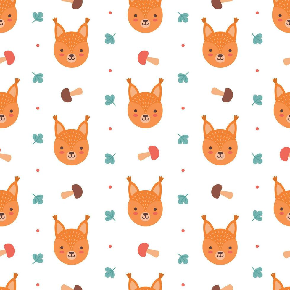 Cute squirrel with mushrooms and clover, seamless pattern. Light orange background. Pastel concept. Cute cartoon. vector