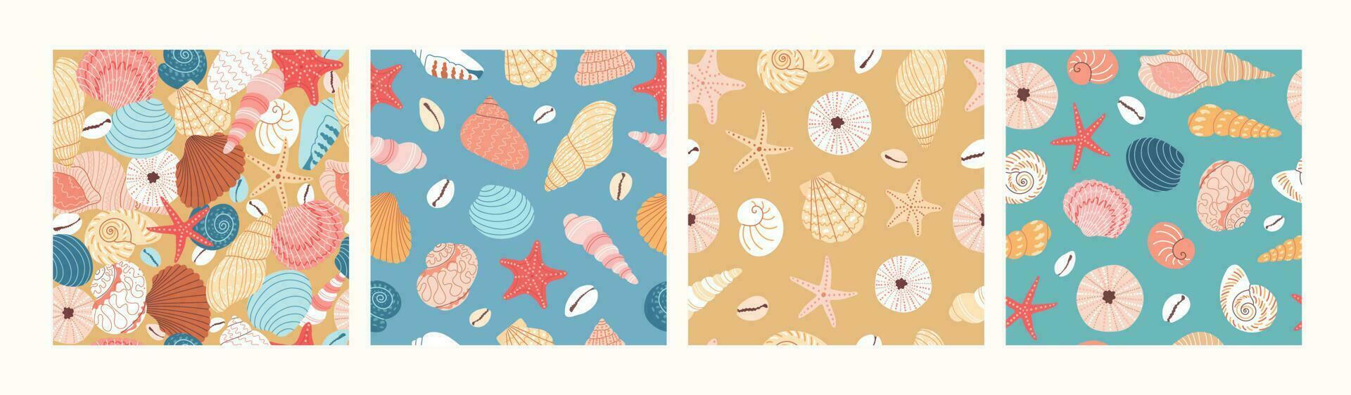 Set of seamless vector hand draw pattern with colorful seashells and starfishes. Various seashells on a tropical beach. Summer marine animal background design. Vacation travel concept..