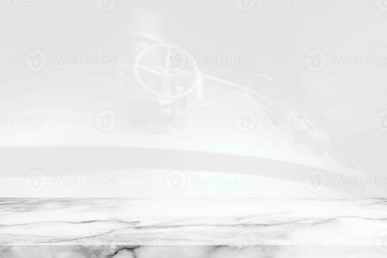 Abstract Luxury White Marble Table with Blurred White Craft Beer Brewing Equipment Background. photo