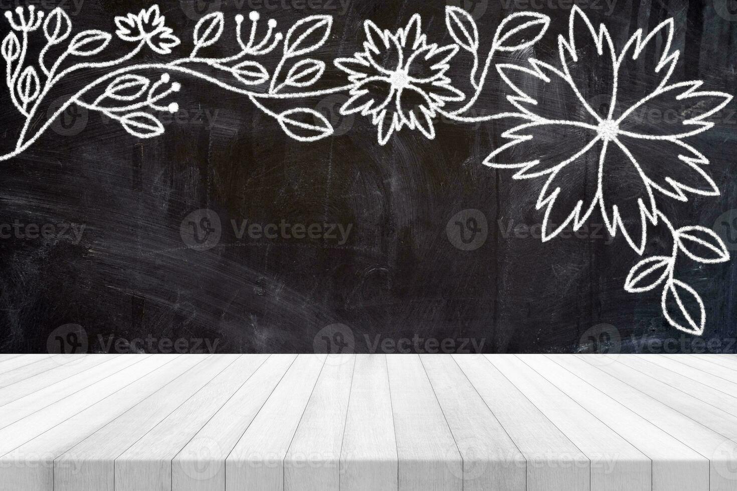 Wood Table with Minimal Flowers in Chalk Drawing Style on Grunge Chalkboard Background, Suitable for Product Presentation Backdrop, Display, and Mock up. photo