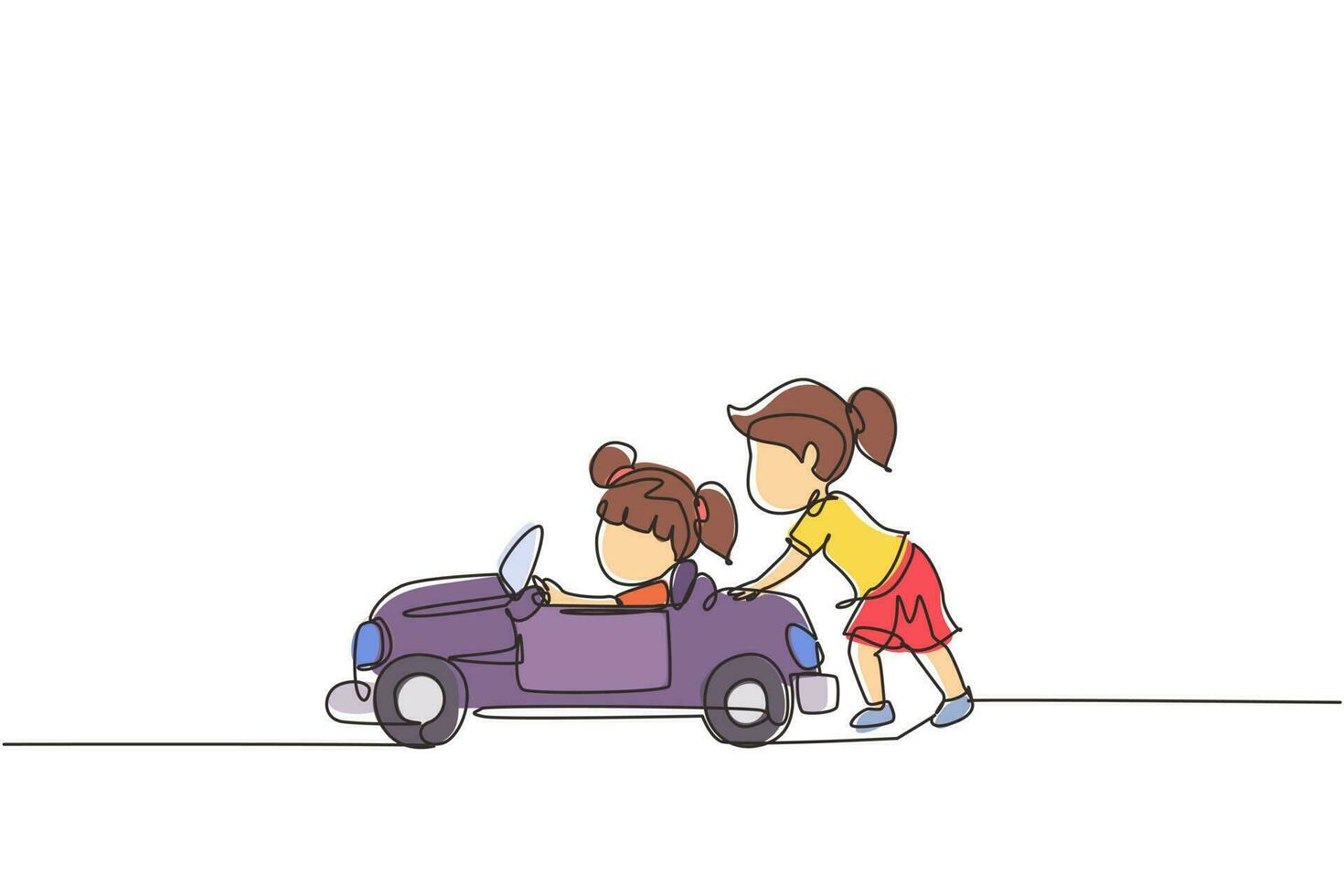 Single continuous line drawing a girl is pushing her friend's car in the road. Kids play with big toy car together. Sibling having fun with at backyard. Dynamic one line draw graphic design vector
