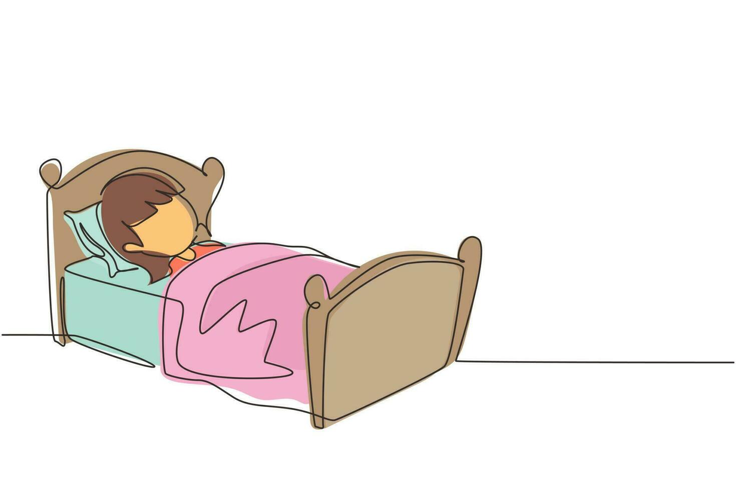 Single continuous line drawing cute girl sleeping on tonight dreams, good night and sweet dreams. Happy little child sleep in bed room. Kid sleeping. One line draw graphic design vector illustration