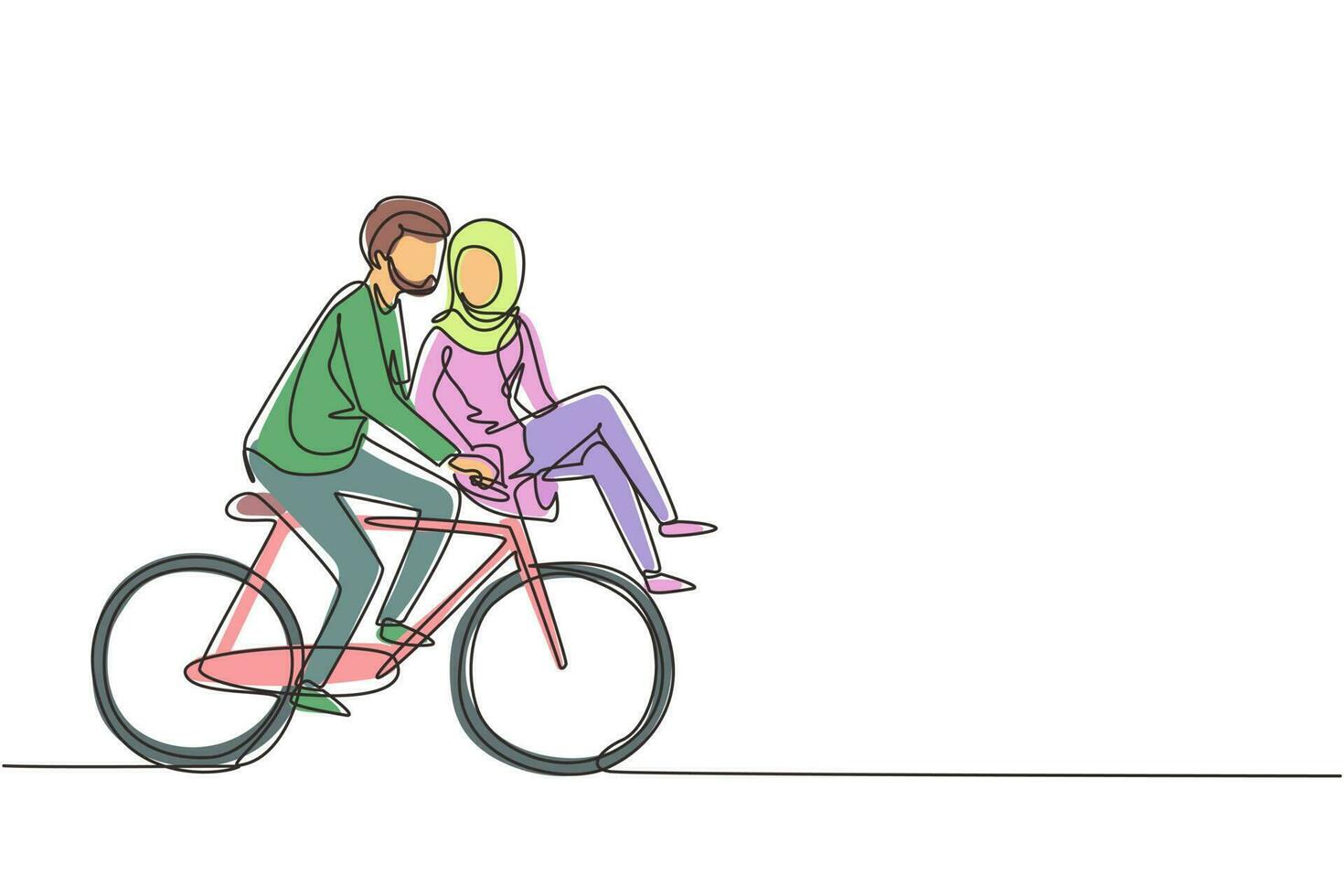 Single one line drawing romantic Arab couple on date riding bicycle. Young man and woman in love. Happy married couple cycling together. Modern continuous line draw design graphic vector illustration