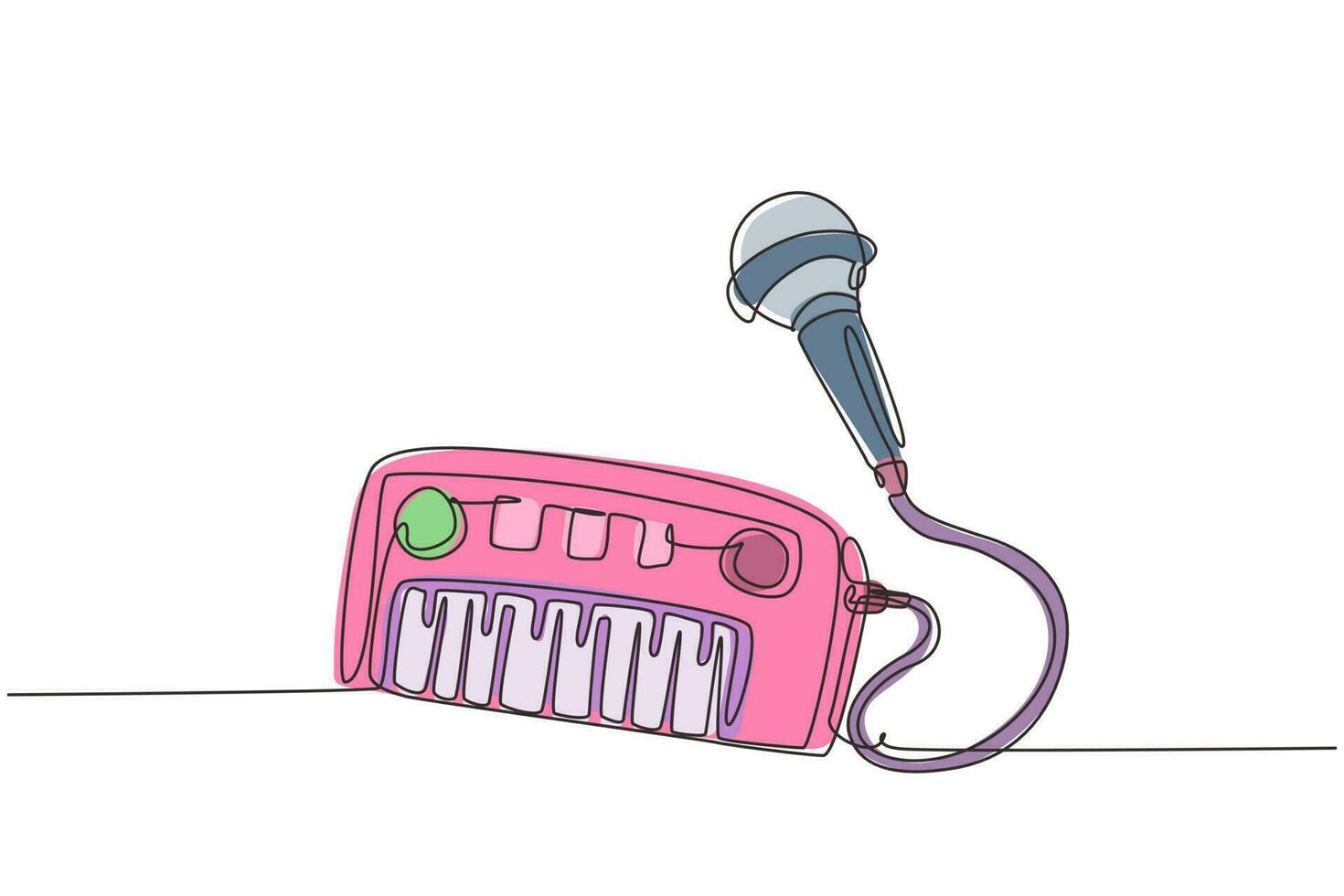 Continuous one line drawing electrical toy piano and microphone. Kids musical piano electronic piano keyboard toy musical instrument toy with microphone for boys girls. Single line draw design vector