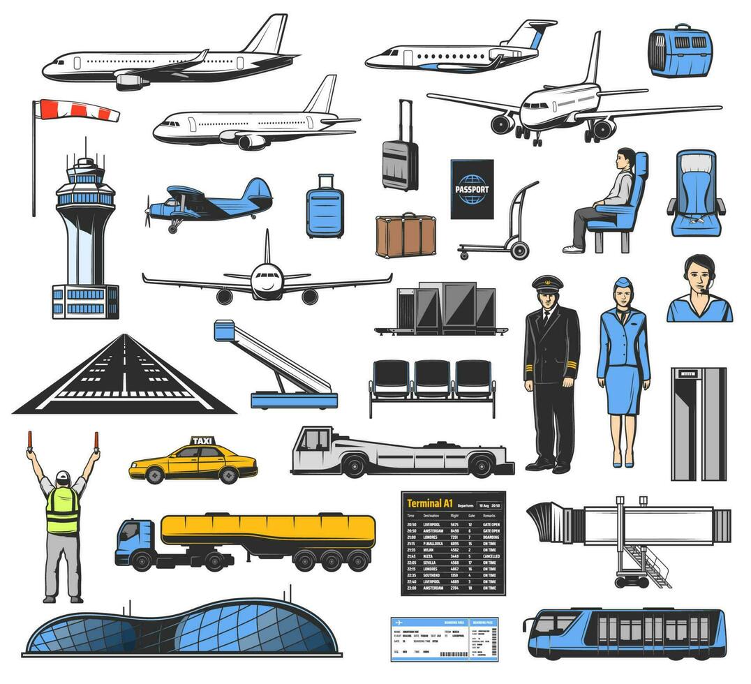 Airplane, aviation, airport, pilot, luggage icons vector