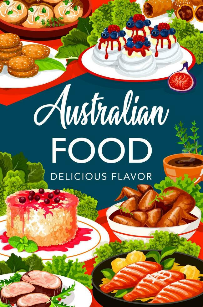 australiano cocina comida menú, buffet comida platos vector