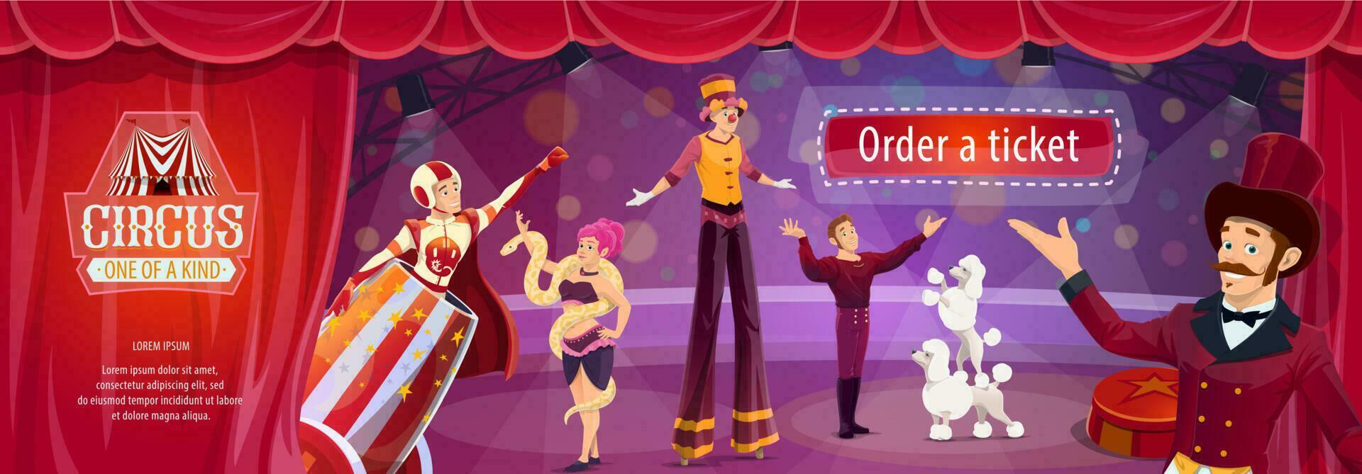 Circus show vector flyer with big top performers